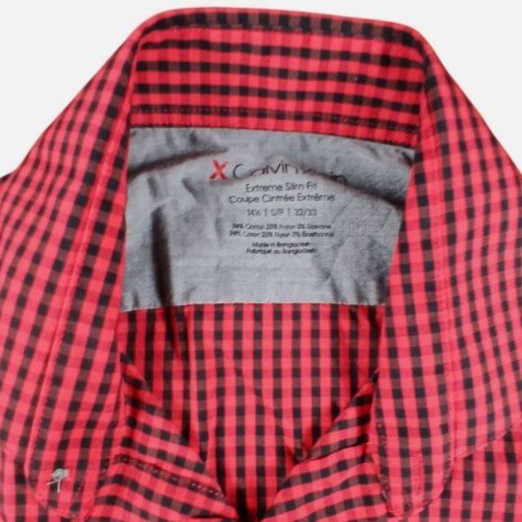 3/25$ Calvin Klein Chemise Homme Small Coupe Cintrée extrême Plaid Rouge Noir - Picture 2 of 5